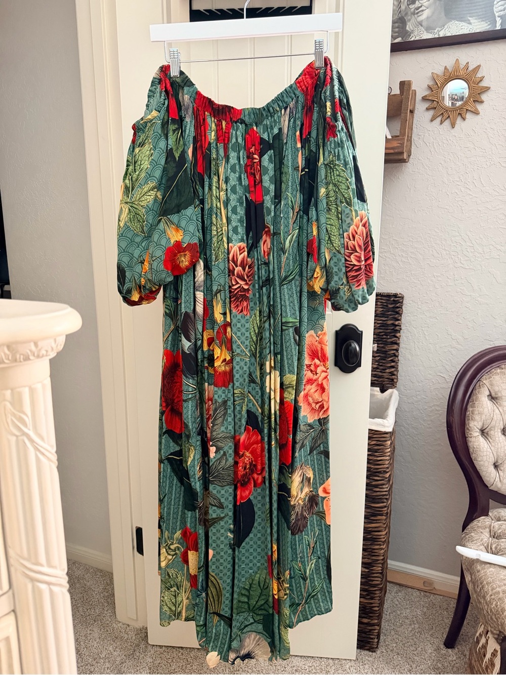 Anthropologie Green Floral Strapless Maxi Dress with Puff Sleeves